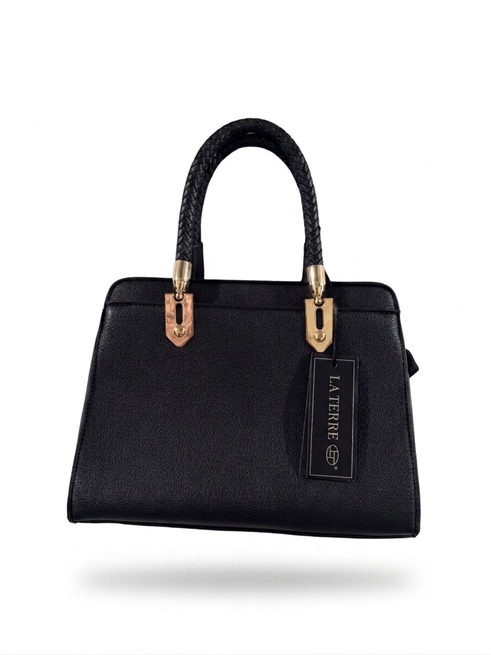 La Terre Black Faux Leather Satchel Bag - Braided Top Handle Crossbody Purse NWT